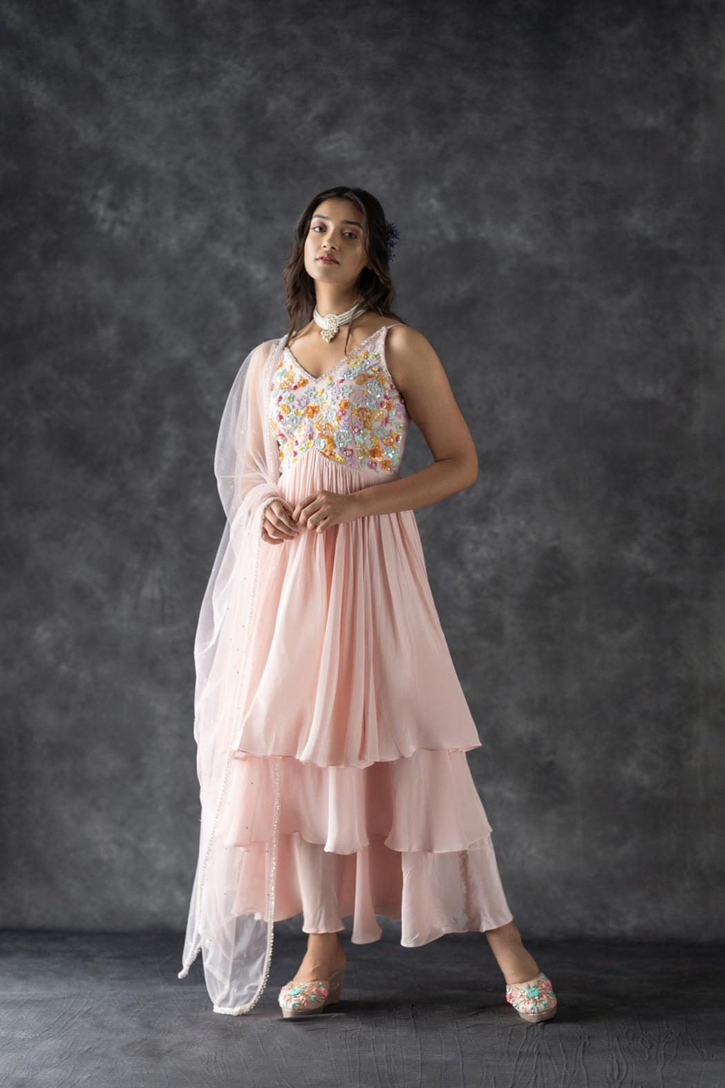 COLOURFUL EMBROIDERED PINK THREE LAYERED DRESS Krina Patel COLOURFUL EMBROIDERED PINK THREE LAYERED DRESS Krina Patel