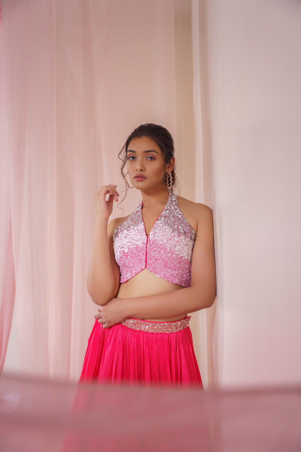 HOT PINK HALTER NECK BLOUSE AND LEHENGA SET
