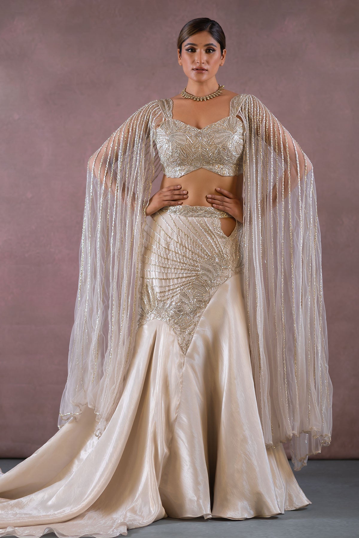 fish cut dress lehenga Steel Grey Fishcut Embroidered Tissue Lehenga XL