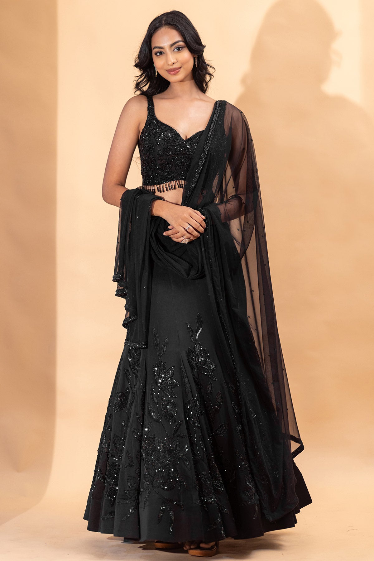 BLACK FISH CUT LEHENGA SET