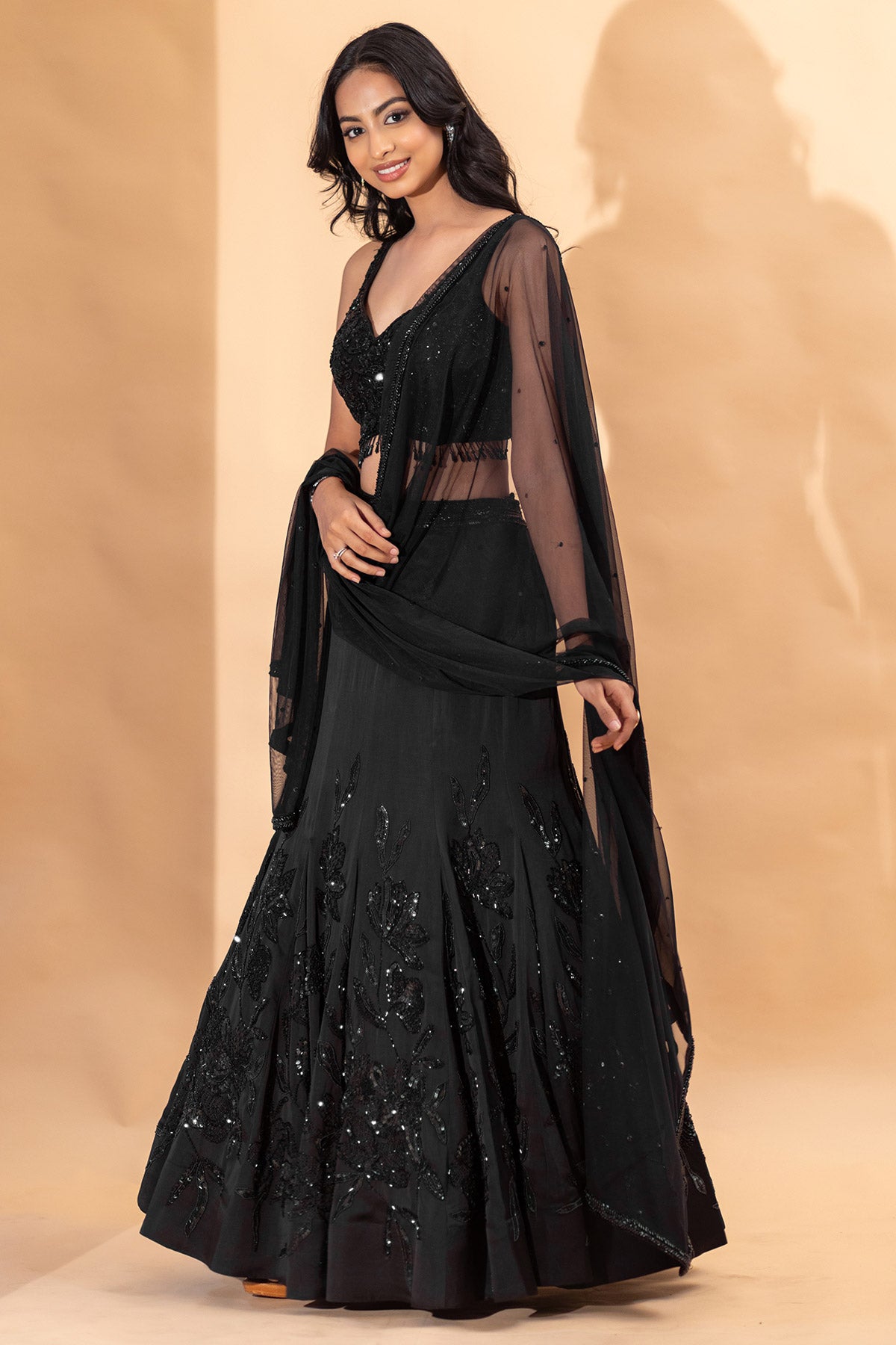 BLACK FISH CUT LEHENGA SET