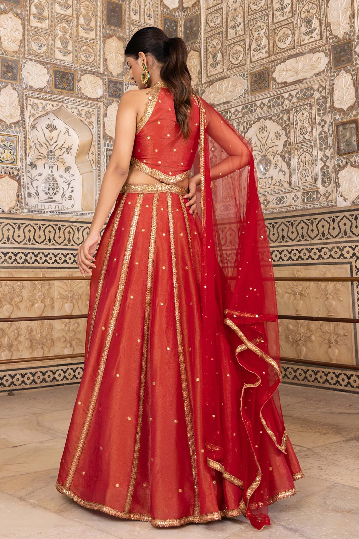 RUST ZARI TISSUE LEHENGA SET