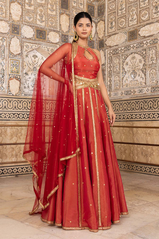 RUST ZARI TISSUE LEHENGA SET