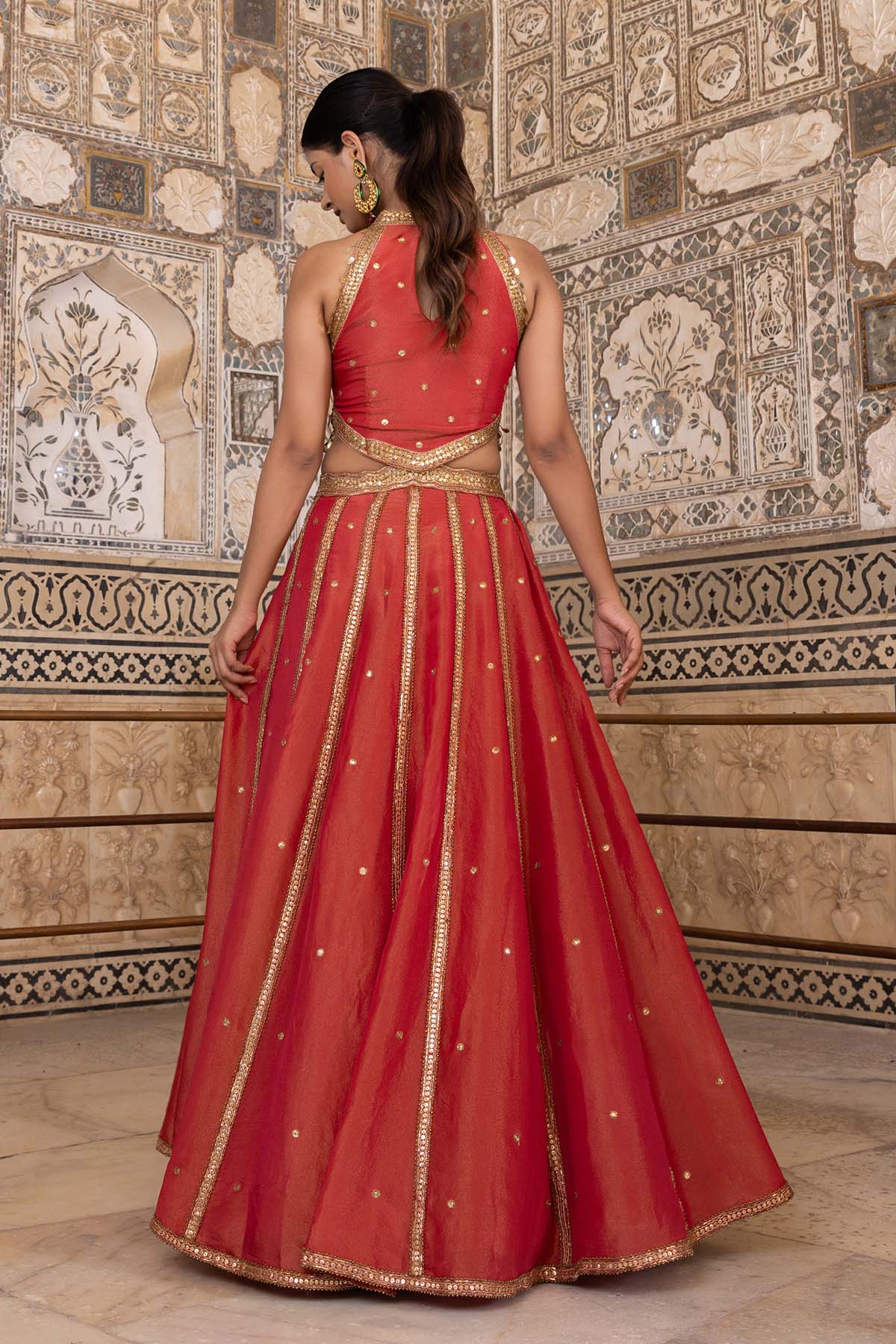 RUST ZARI TISSUE LEHENGA SET