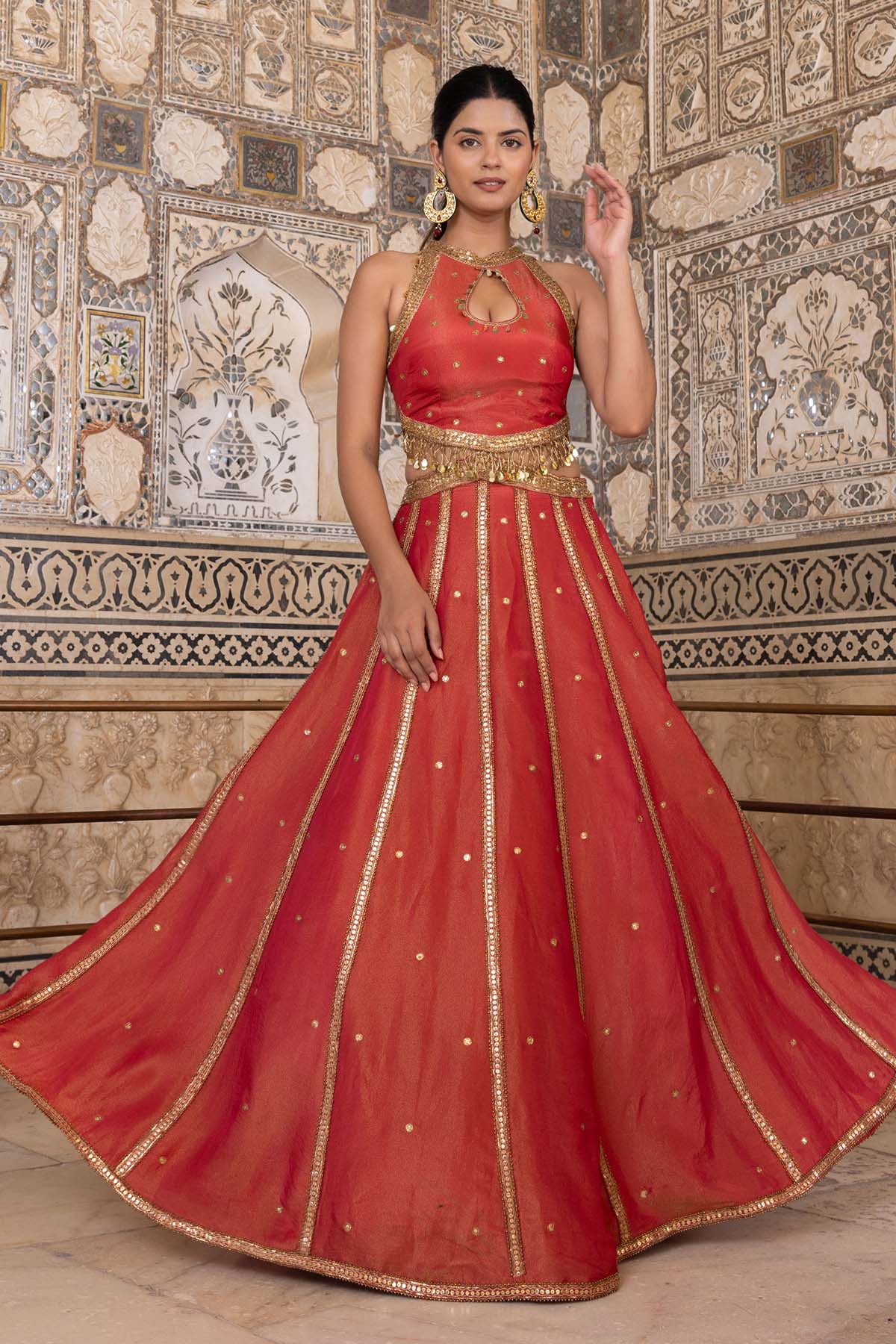 RUST ZARI TISSUE LEHENGA SET