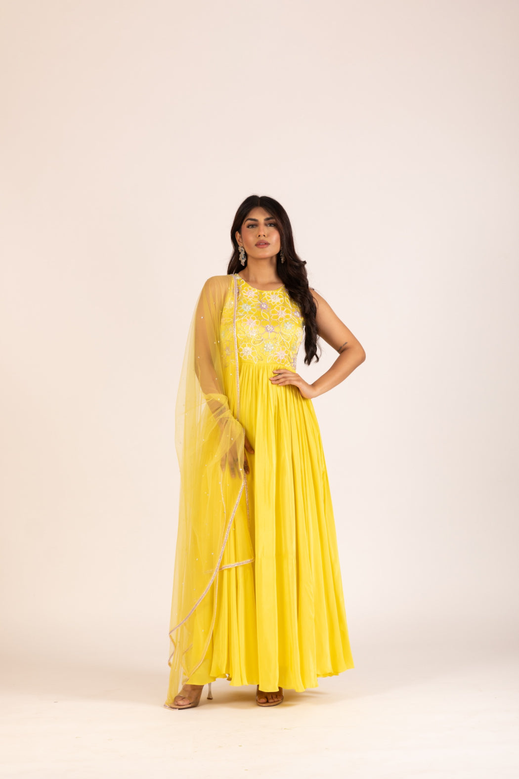 YELLOW PLEATED ANARKALI SET