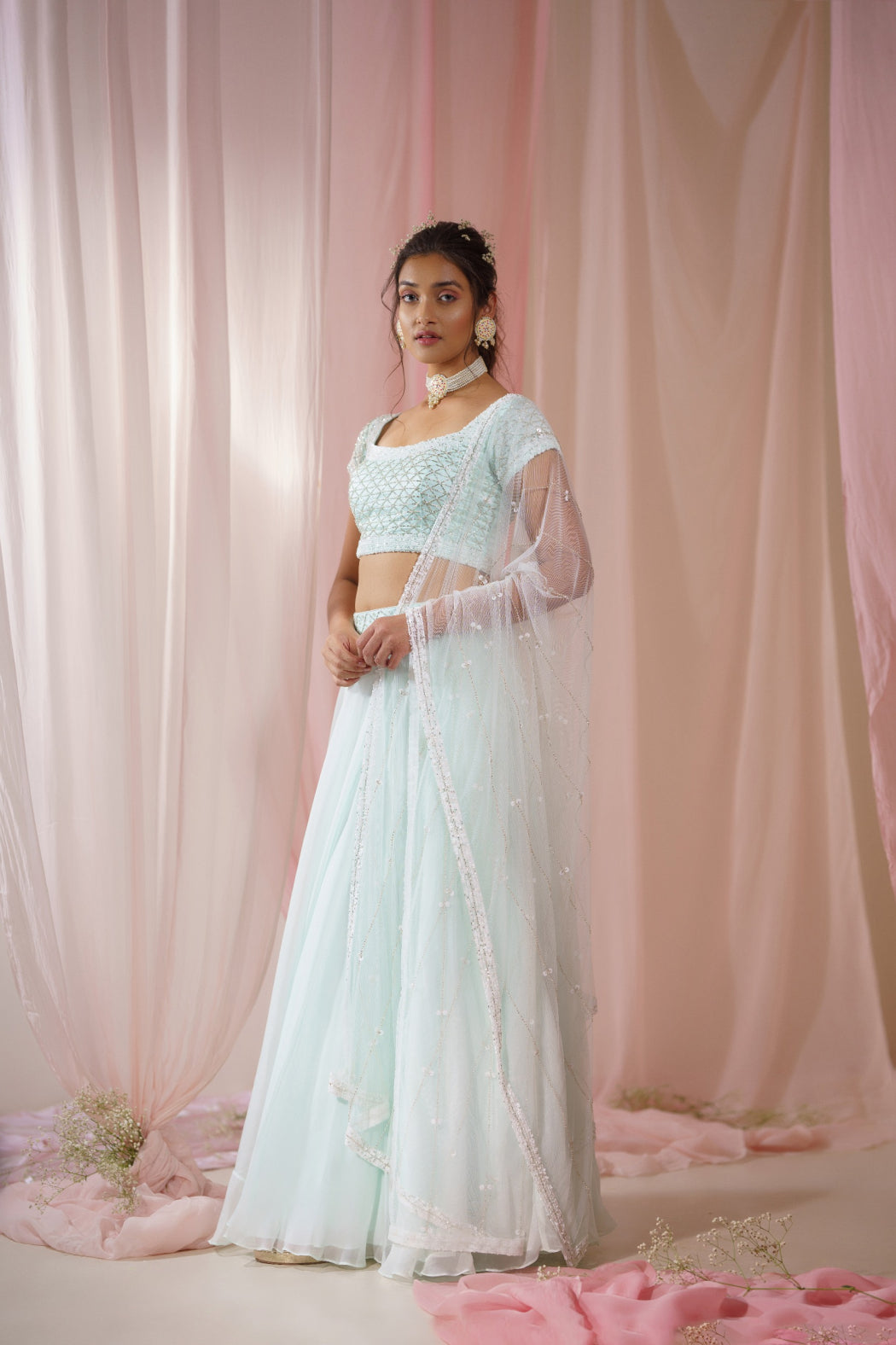 LIGHT MINT ORGANZA LEHENGA SET