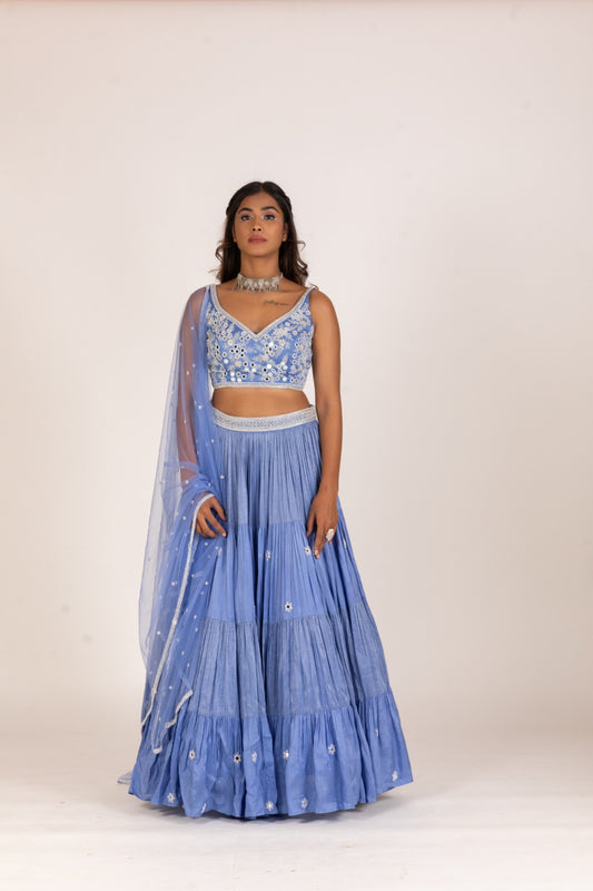 POWDER BLUE FOUR LAYER PLEATED LEHENGA SET