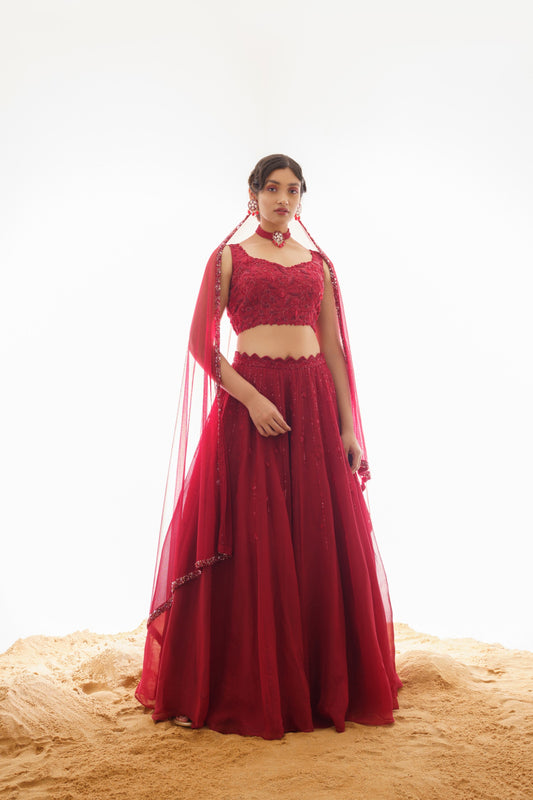 RED ORGANZA HEAVY LEHENGA SET