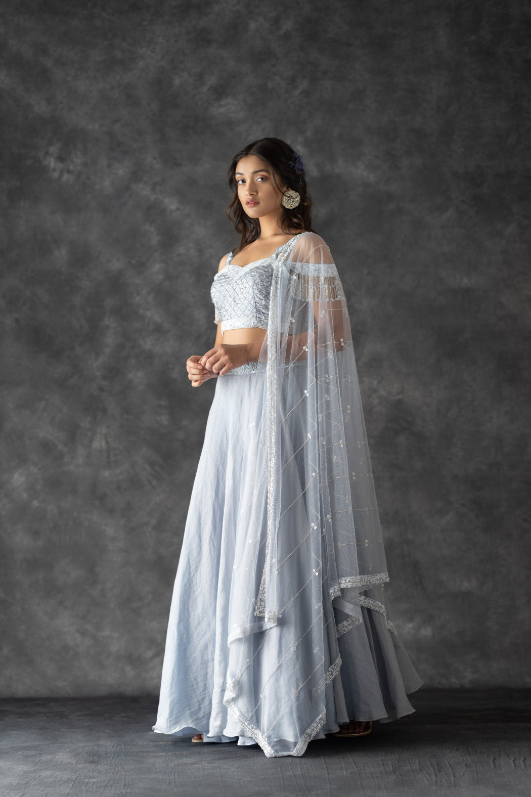 POWDER BLUE COLD SHOULDER BLOUSE AND SHIMMER LEHENGA SET