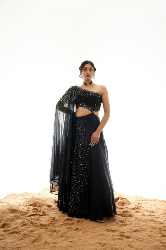 BLACK GOWN WITH ATTACHED DRAPPED DUPATTA