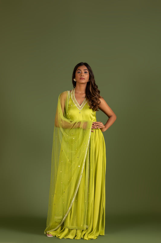 LIME GREEN HALTER NECK ANARKALI SET