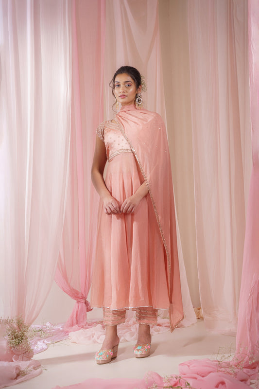 NUDE ORGANZA SUIT AND EMBROIDERED PANT SET