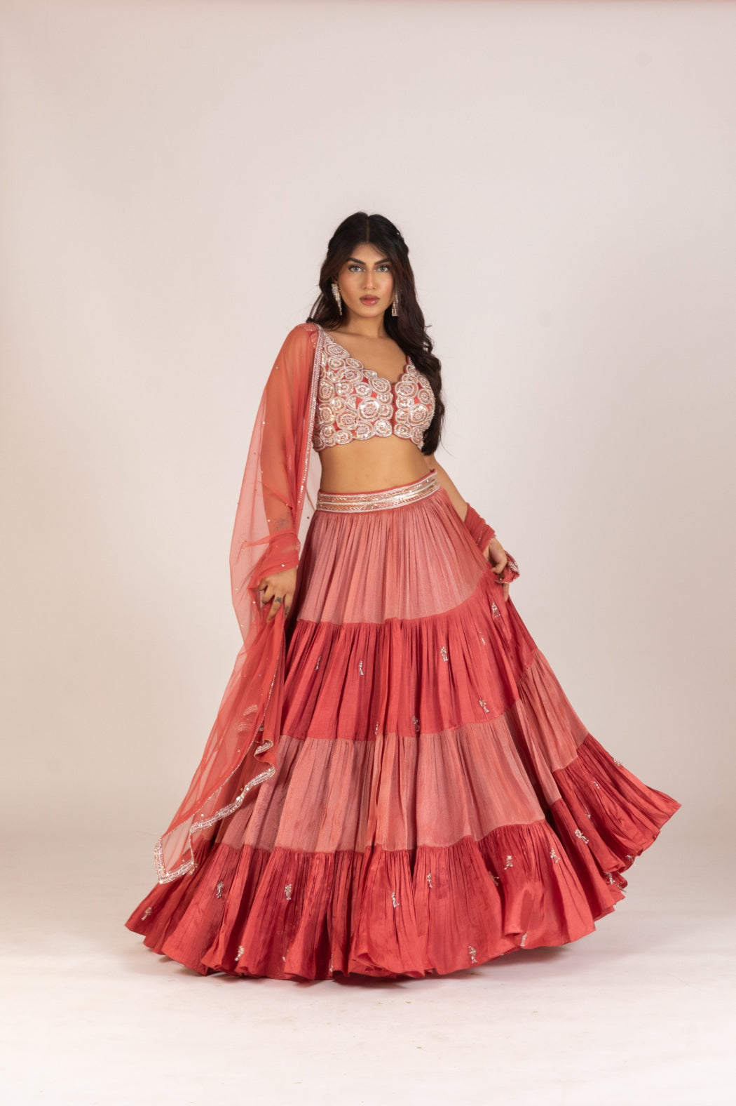 RUST FOUR LAYER PLEATED LEHENGA SET