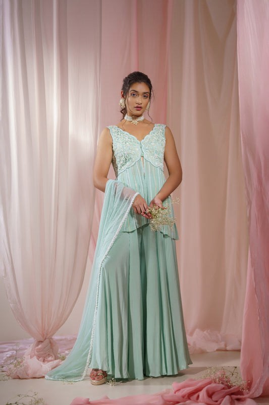 TEAL PEPLUM WITH PEARL EMBROIDERED AND PLAZZO SET