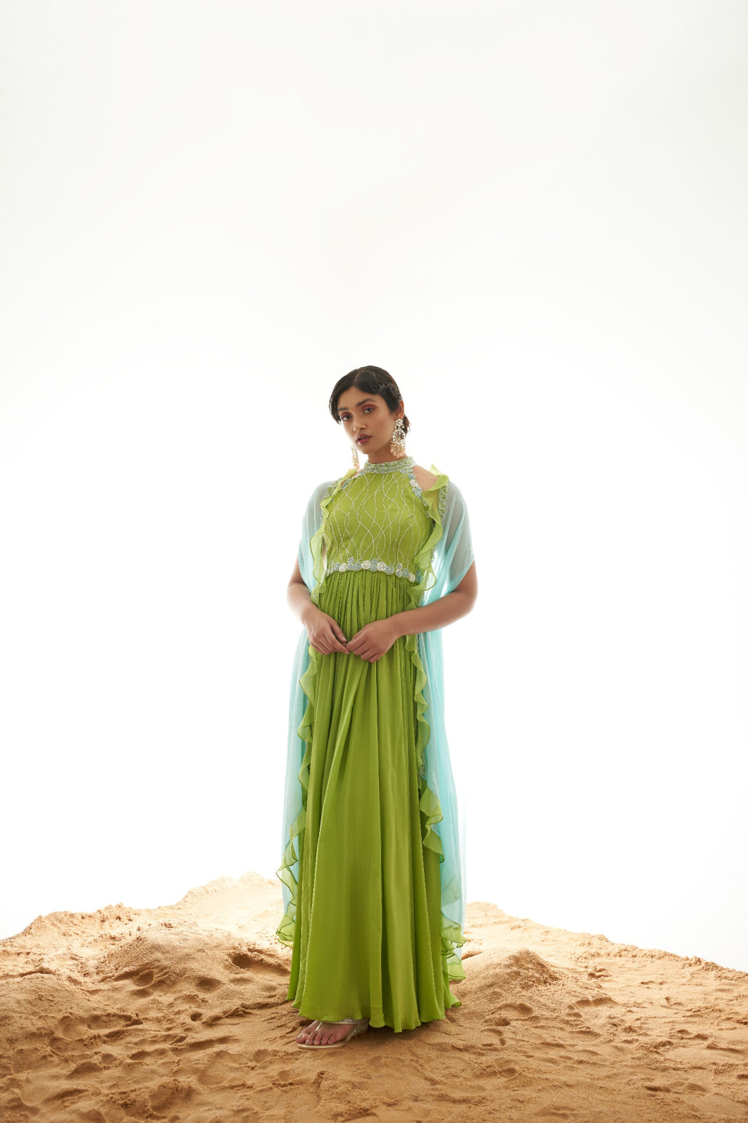 GREEN GOWN AND SKY BLUE RUFFLED SHRUG