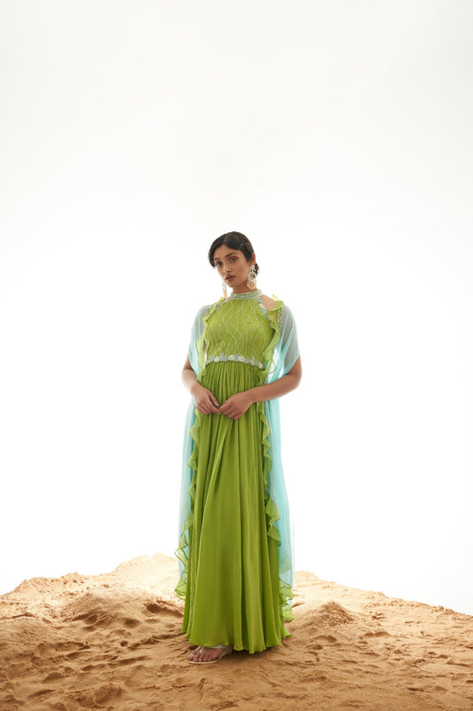 GREEN GOWN AND SKY BLUE RUFFLED SHRUG