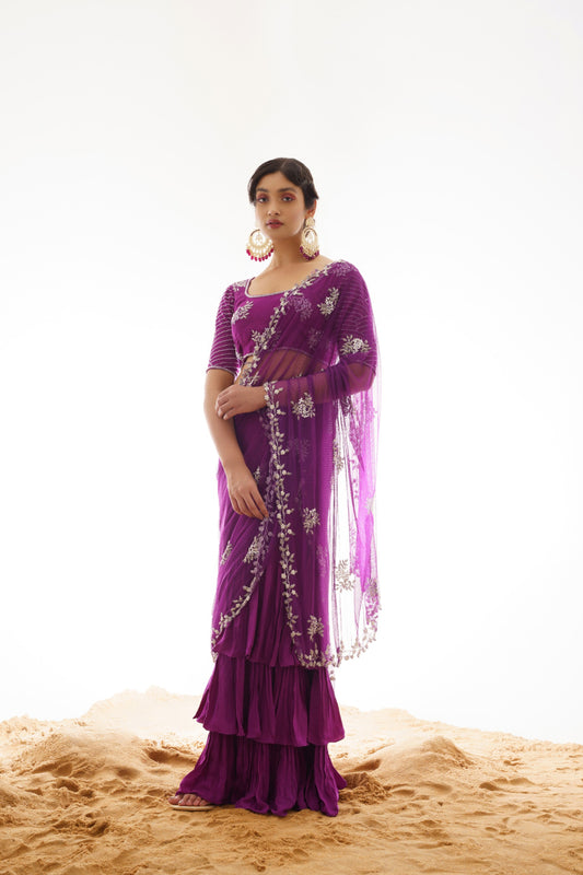 PURPLE RUFFELED SAREE WITH HEAVY EMBROIDERED ATTACHED PALLU