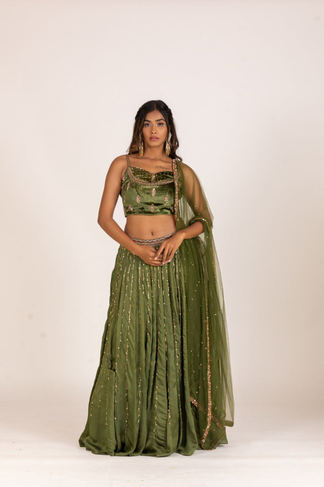 GREEN LEHENGA AND VELVET BLOUSE SET