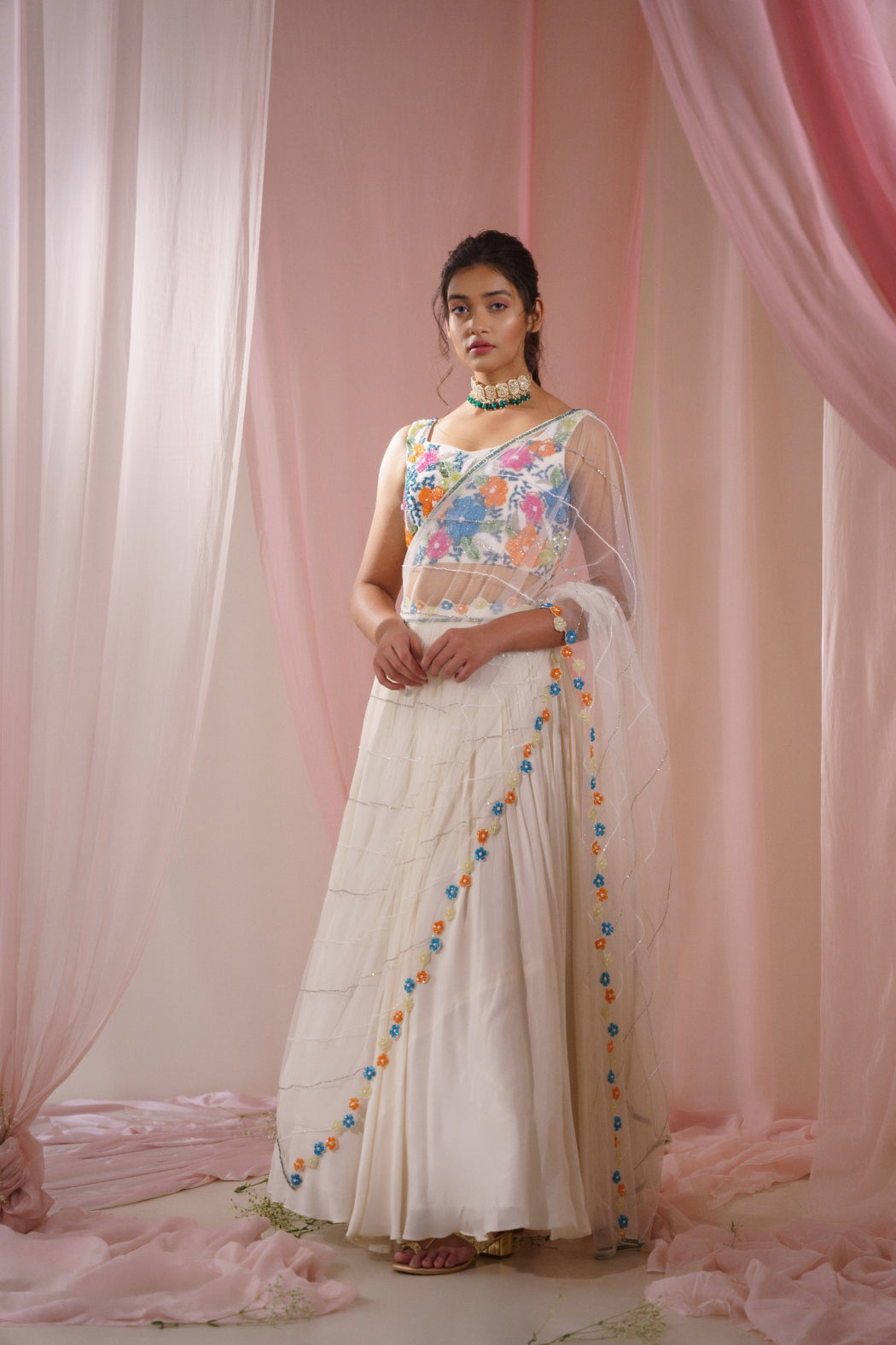 COLOURFUL EMBROIDERED OFF WHITE LEHENGA SET