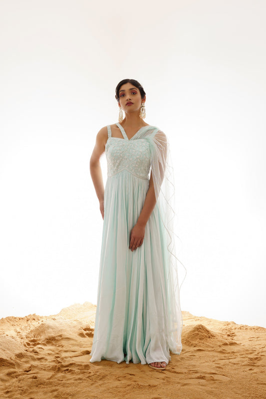 LIGHT MINT DRAPPED GOWN WITH ATTACHED DUPATTA