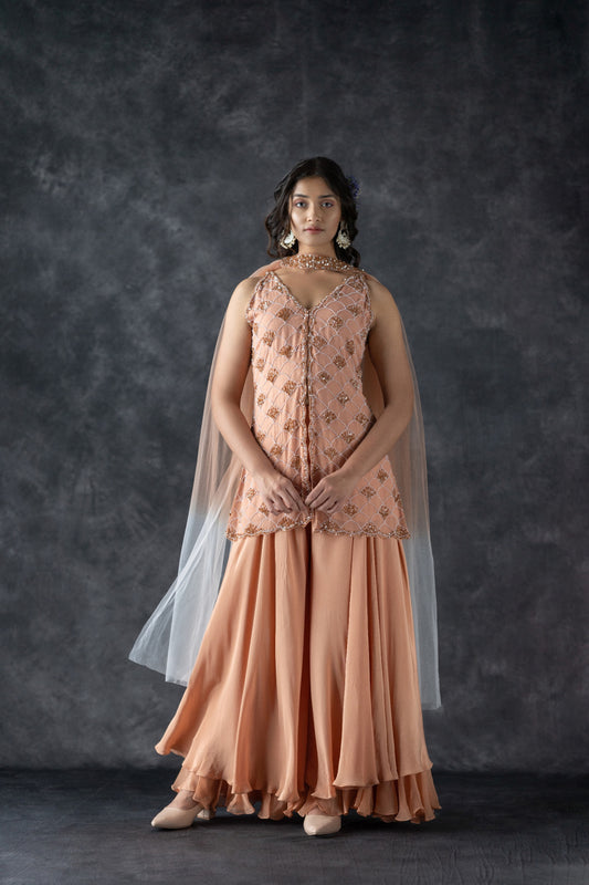 NUDE TUNIC AND PLAZZO SET WITH CHOKAR OBMRE DUPATTA