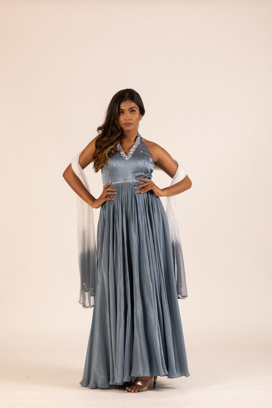 GREY HALTER NECK PLEATED GOWN SET