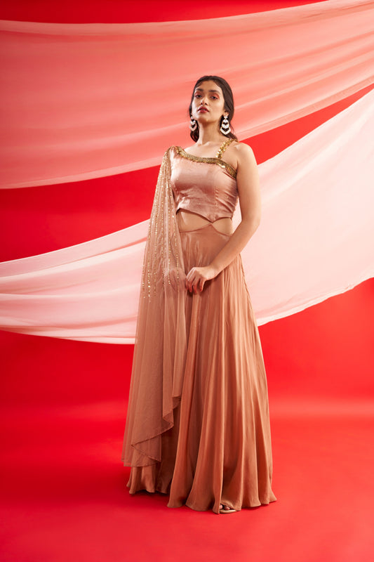 BRONZE GOWN WITH ATTACHED DRAPPED DUPATTA