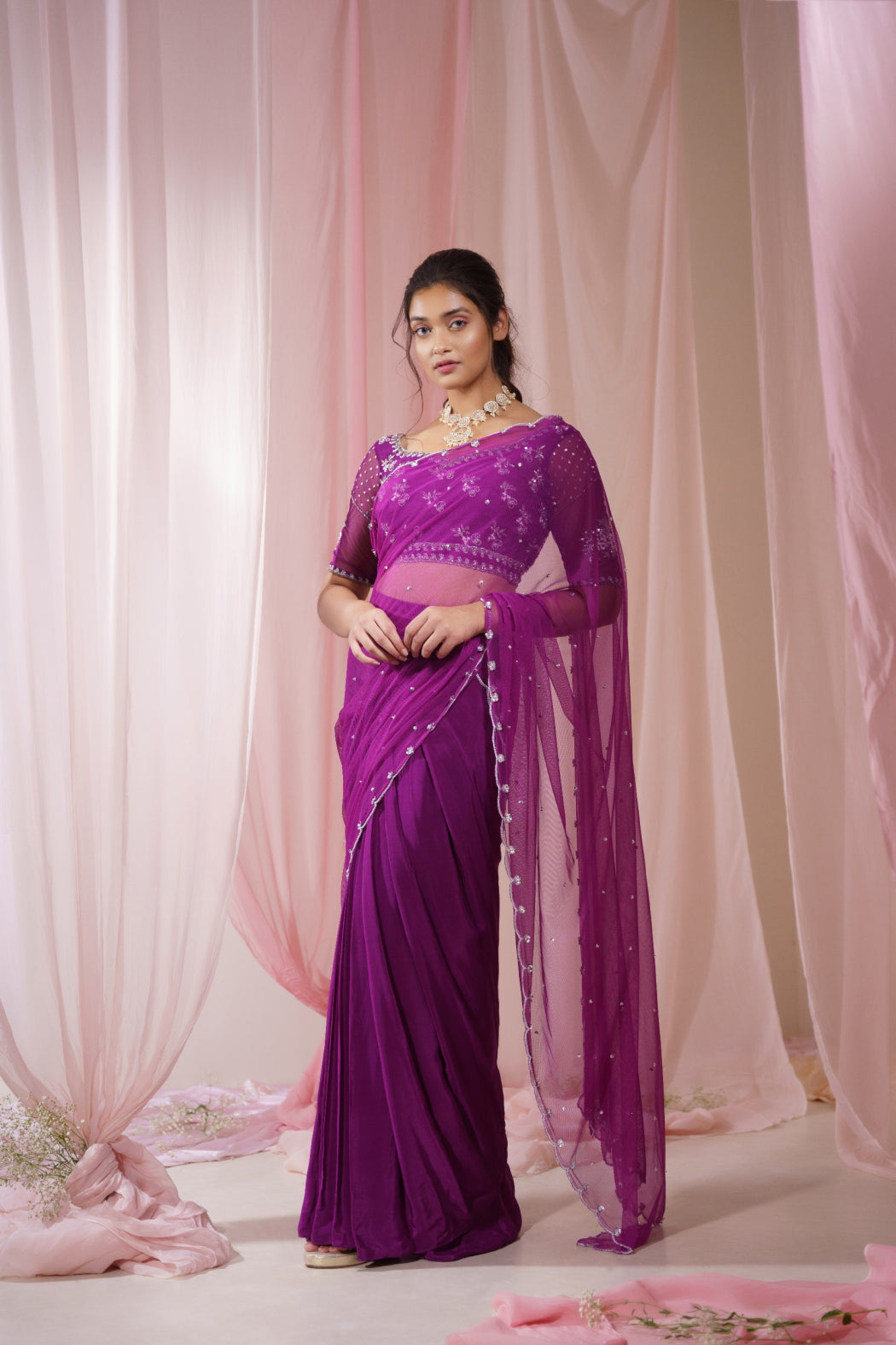 PURPLE PLEATTED SAREE WITH ATTACHED PALLU