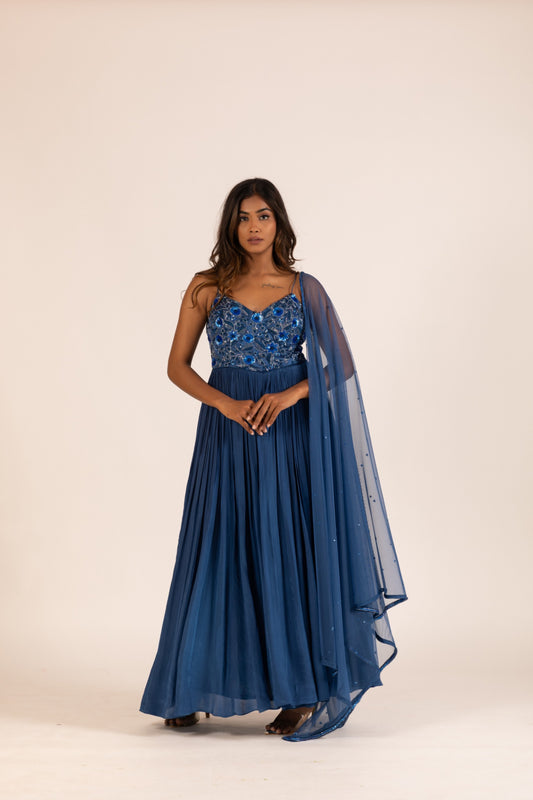 BLUE PLEATED GOWN SET