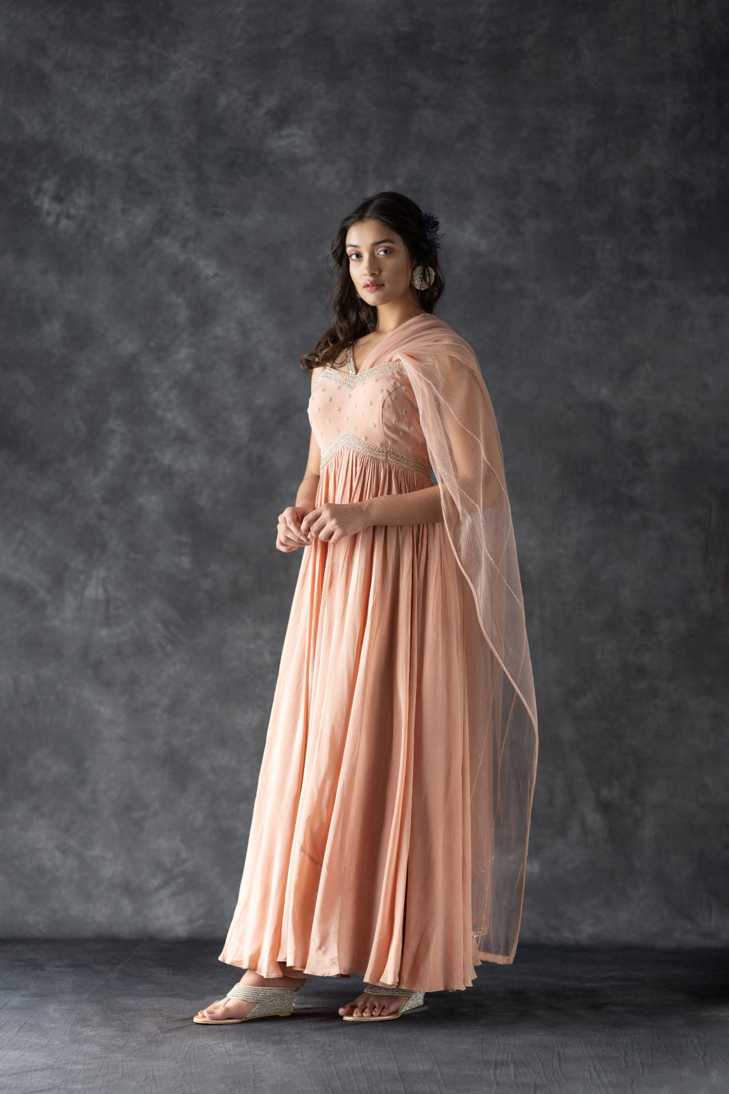 NUDE DRAPPED GOWN WITH ATTACHED DUPATTA