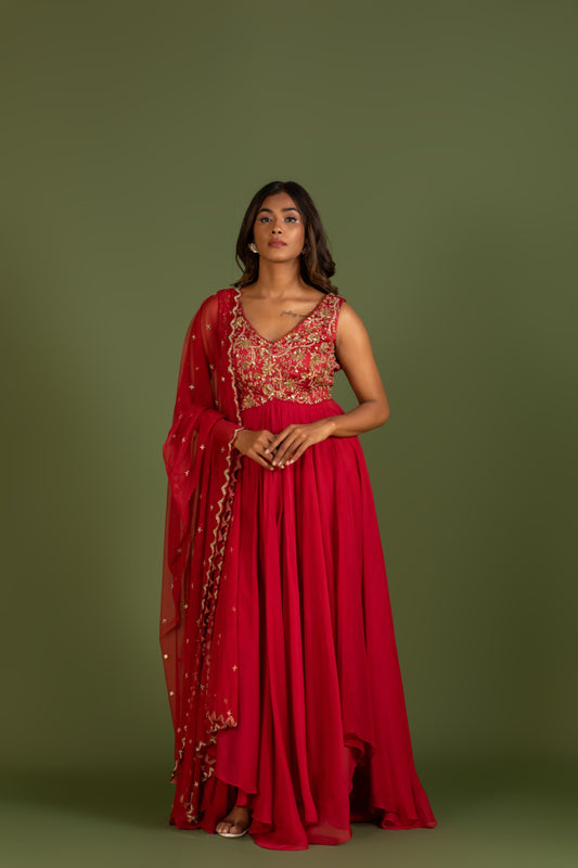 RED ORGANZA ANARKALI DRESS