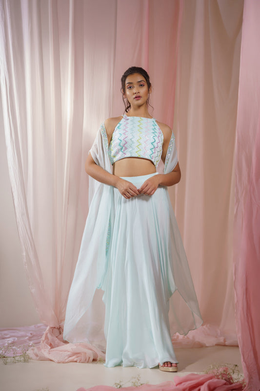 SKY BLUE DHOTI SKIRT WITH COLOURFUL EMBROIDERED BLOUSE AND SHRUG SET