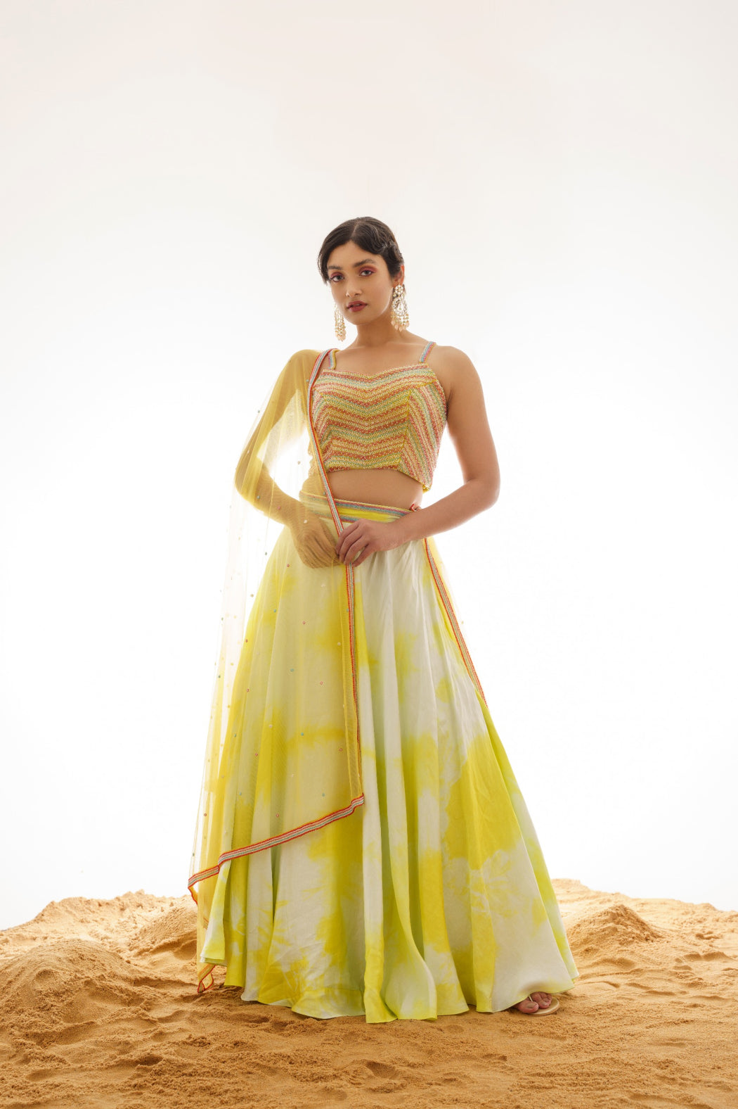 LIME GREEN OMBRE LEHENGA SET WITH COLOURFUL EMBROIDERED BLOUSE