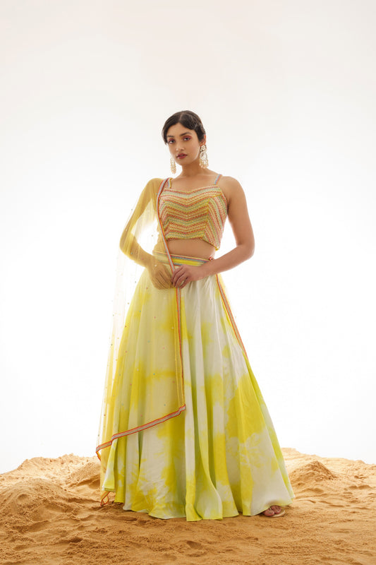 LIME GREEN OMBRE LEHENGA SET WITH COLOURFUL EMBROIDERED BLOUSE