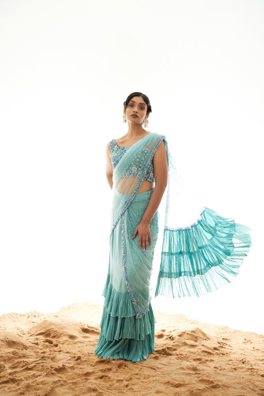 SKY BLUE DRAPPED SAREE WITH RUFFLE DUPATTA