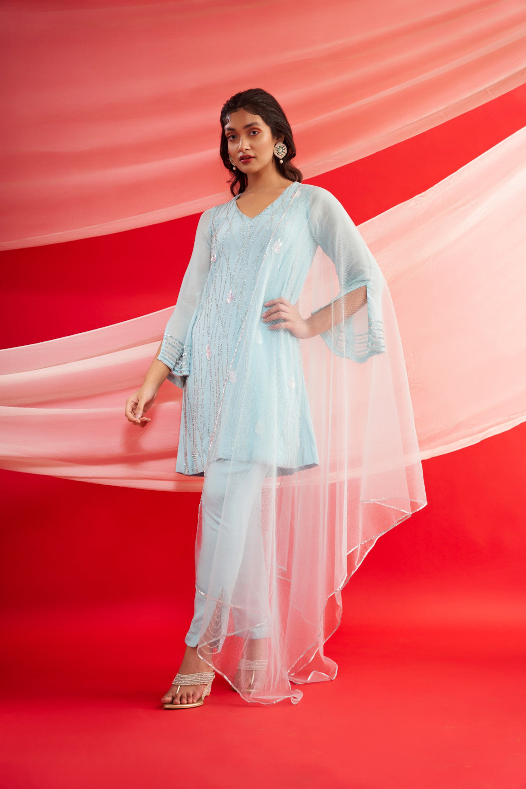 SILVER EMBROIDERED SKY BLUE TUNIC AND PANT SET