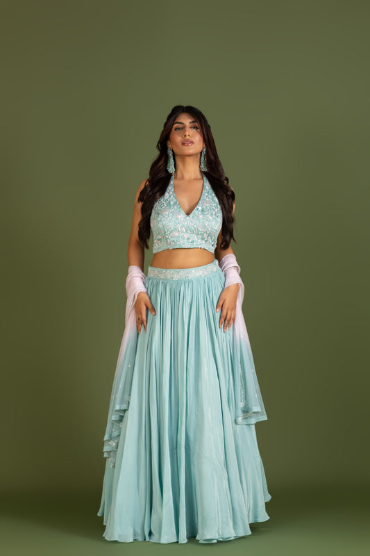 MINT HALTER NECK LEHENGA SET