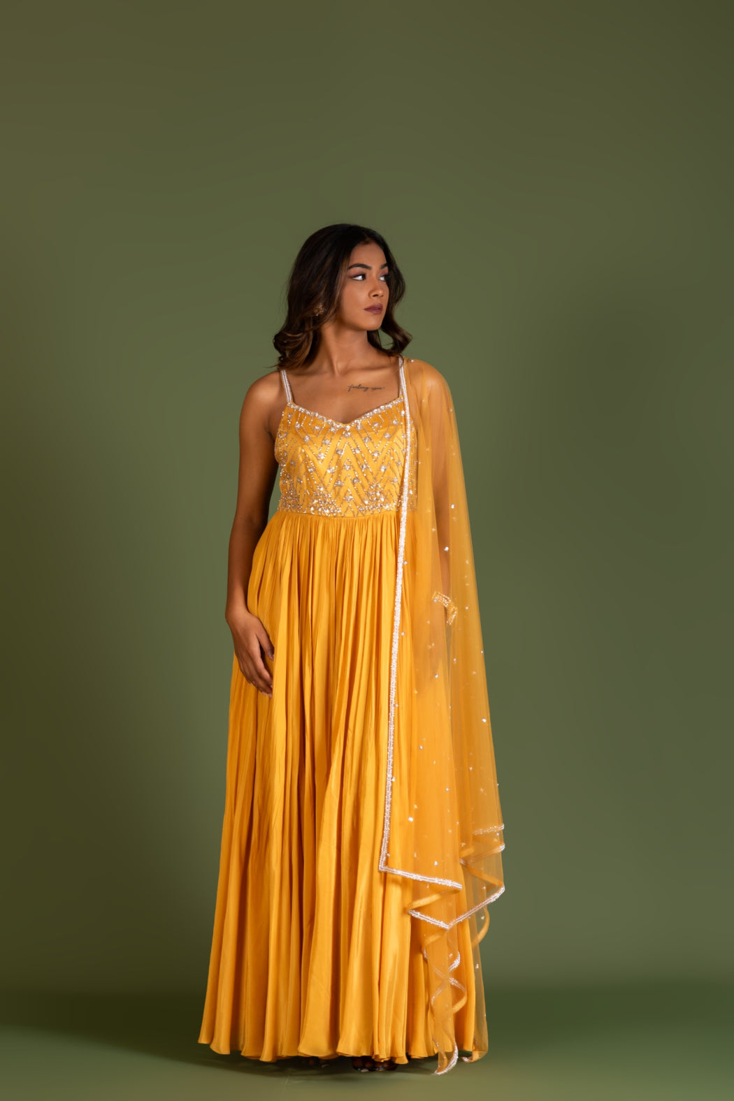 MUSTARD YELLOW PLEATED GOWN