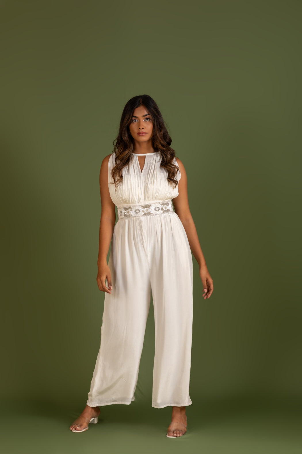 WHITE JUMPSUIT WITH EMBROIDERED BELT