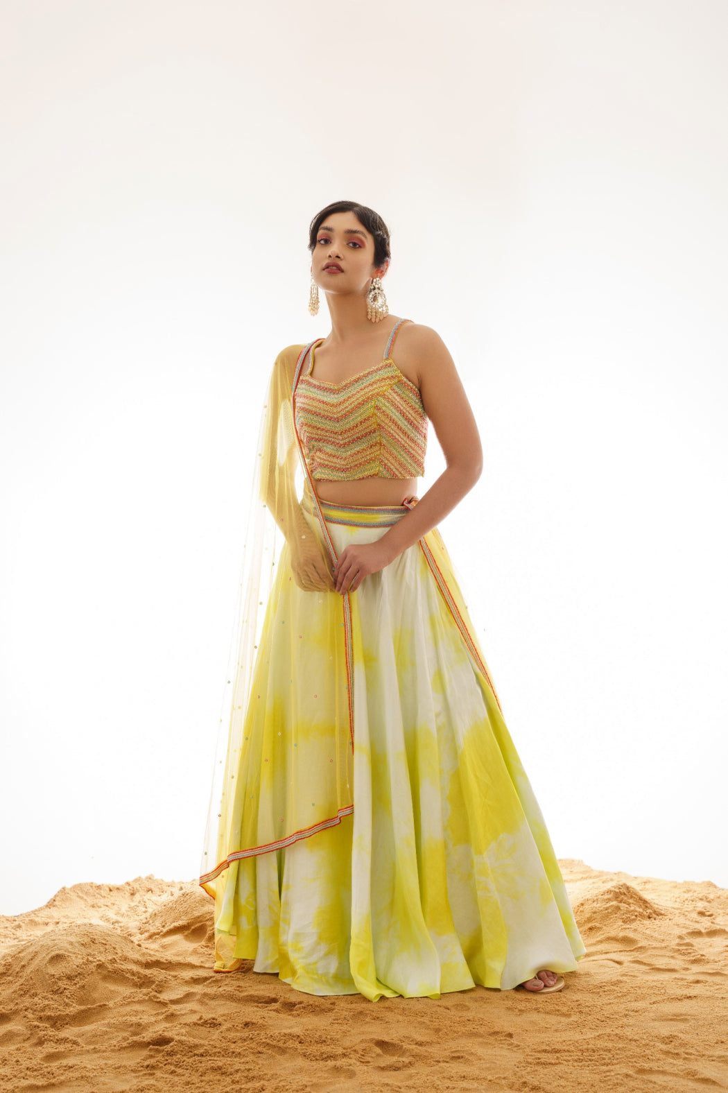 LIME GREEN OMBRE LEHENGA SET WITH COLOURFUL EMBROIDERED BLOUSE