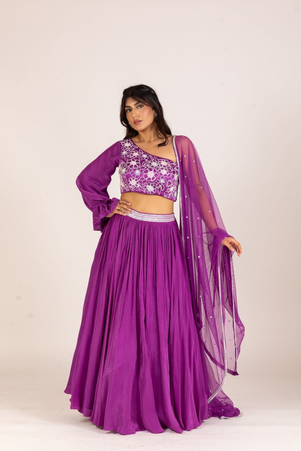 PURPLE ONE SHOULDER LEHENGA SET