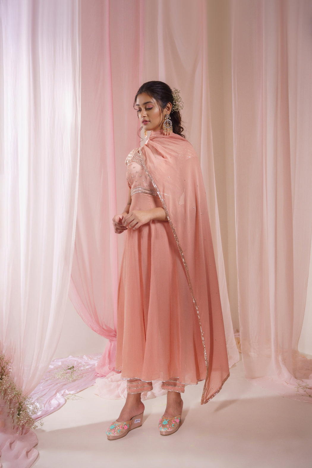 NUDE ORGANZA SUIT AND EMBROIDERED PANT SET