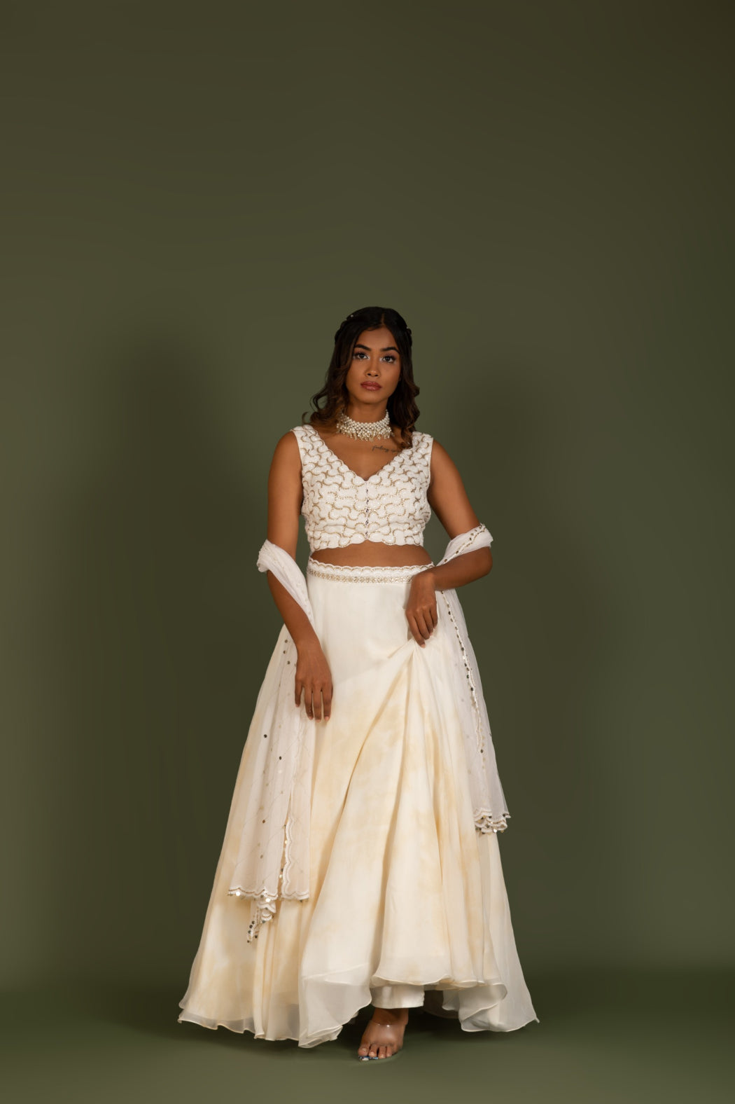 WHITE TYE DYE ORGANZA LEHENGA SET