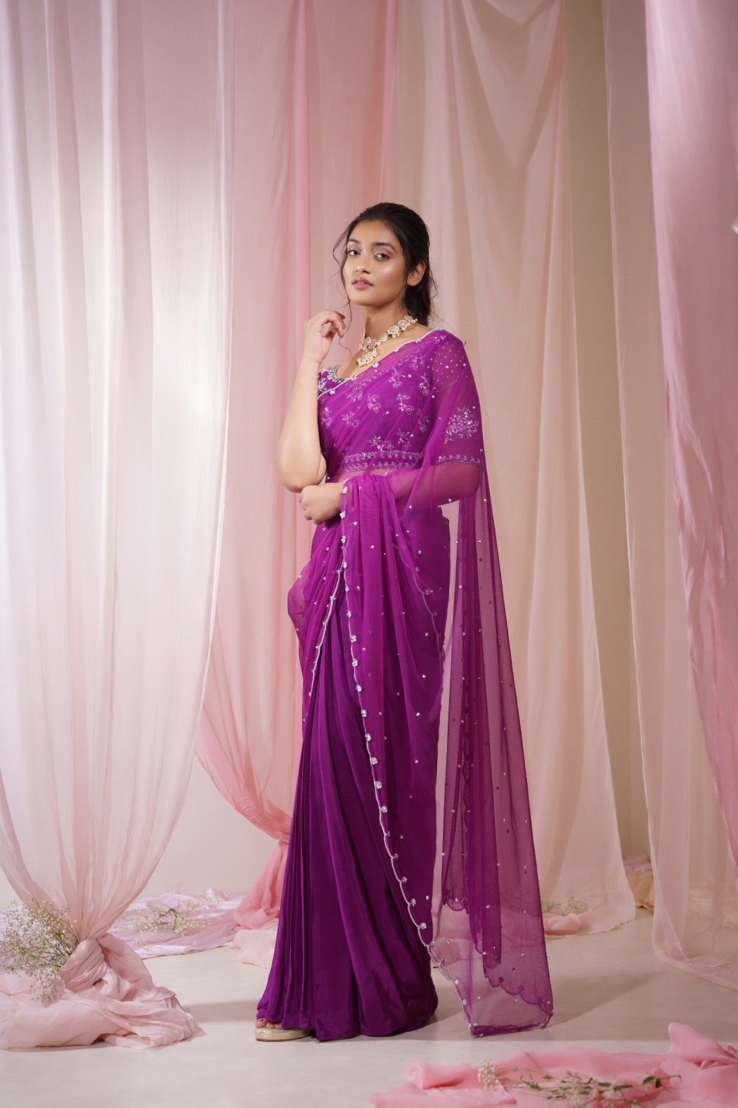 PURPLE PLEATTED SAREE WITH ATTACHED PALLU