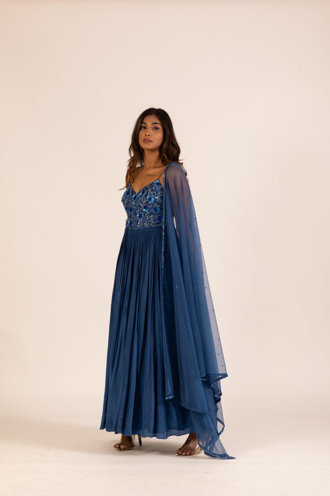 BLUE PLEATED GOWN SET