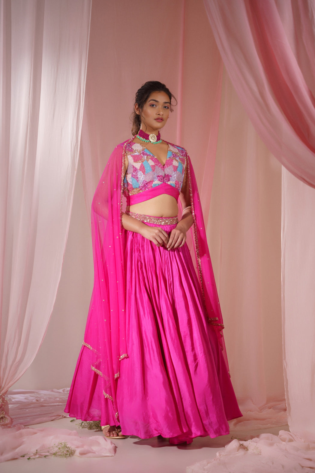 HOT PINK FLORAL EMBROIDERED LEHENGA SET