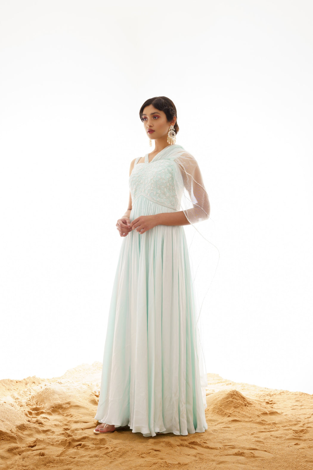 LIGHT MINT DRAPPED GOWN WITH ATTACHED DUPATTA