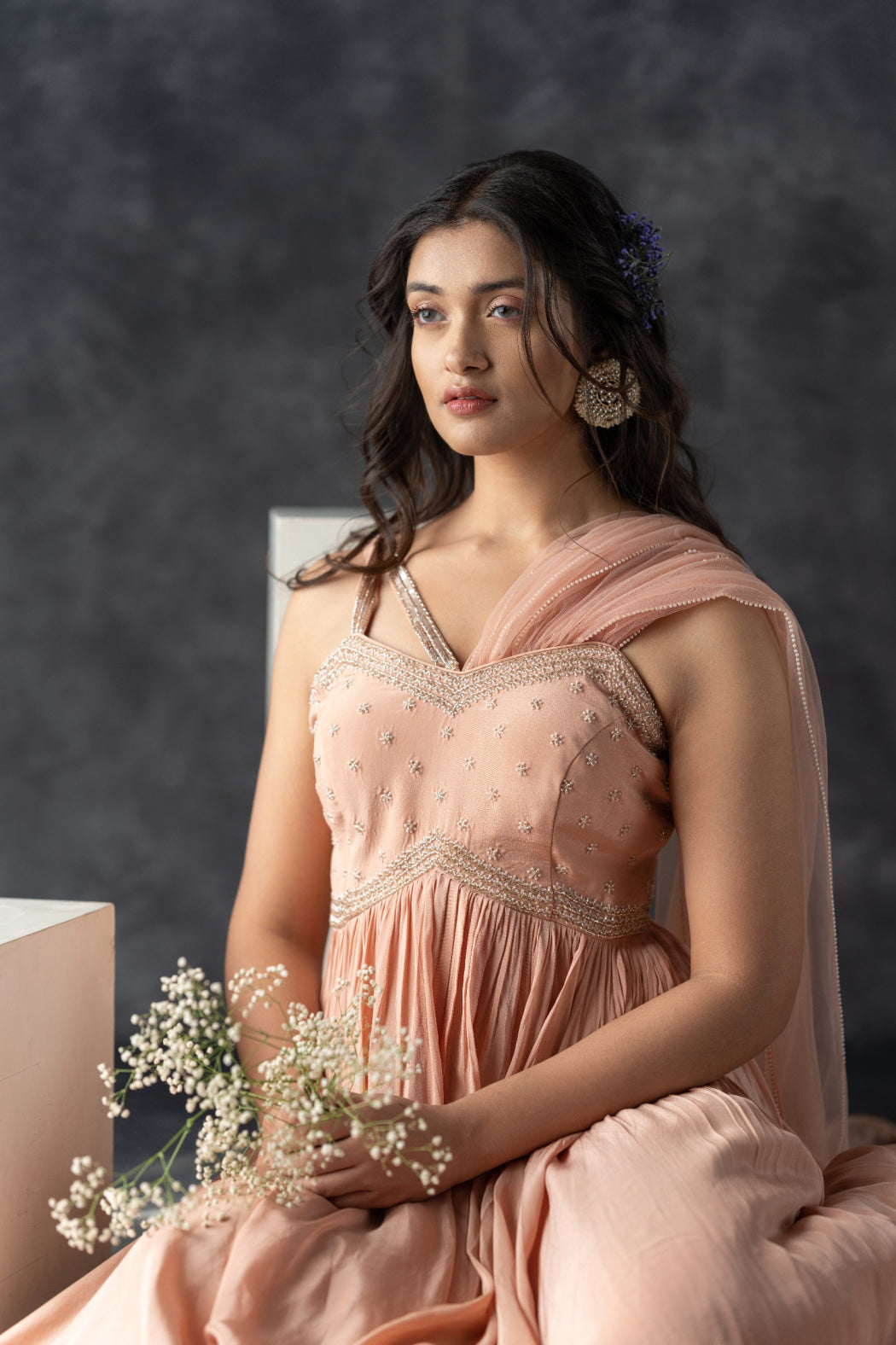 NUDE DRAPPED GOWN WITH ATTACHED DUPATTA