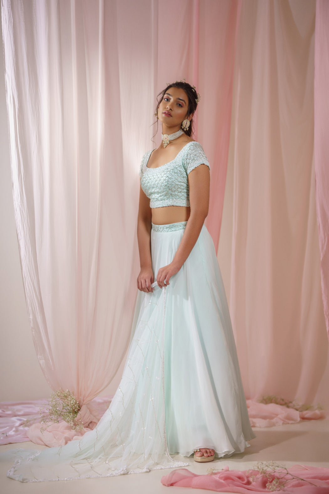 LIGHT MINT ORGANZA LEHENGA SET